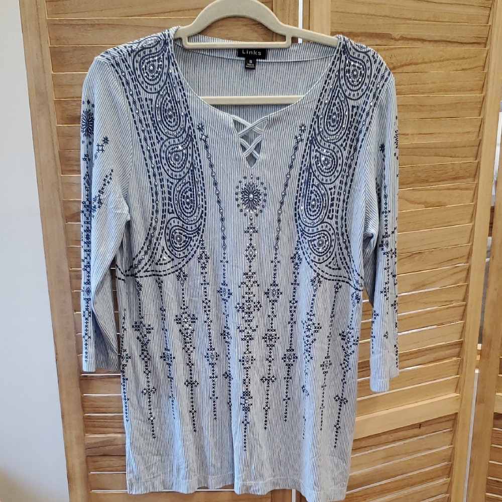 Links Women's Blue and White Striped embellished boho  style tunic top Sz S